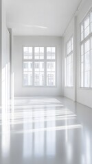 Fototapeta premium A bright, empty showroom with clean white walls, large windows, and a polished floor, ideal for showcasing products and incorporating textual elements