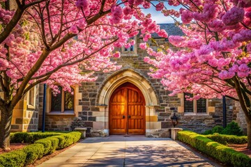 Fototapeta premium Spring Blossoms Frame Architectural Detail: Vibrant Floral Archway