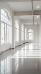Fototapeta premium A bright, empty showroom with clean white walls, large windows, and a polished floor, ideal for showcasing products and incorporating textual elements