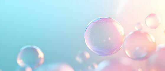Soft pastel bubbles float gracefully against a serene background, creating a whimsical and dreamy atmosphere.