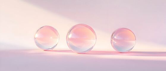 Three iridescent spheres reflect soft pastel colors, creating a serene and modern aesthetic for various design projects.