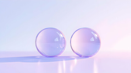 Two translucent spheres reflecting light in a soft pastel environment, creating a serene and modern aesthetic.