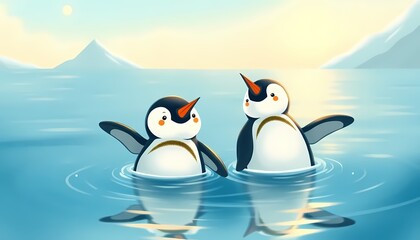 Obraz premium Sweet Couple of Penguins Gliding in Water
