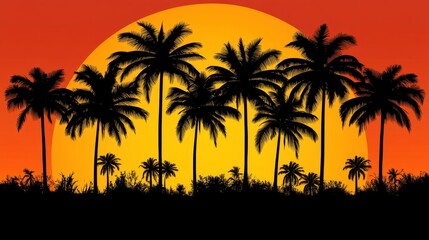 Naklejka premium Silhouetted Palm Trees at Sunset Over a Tropical Landscape