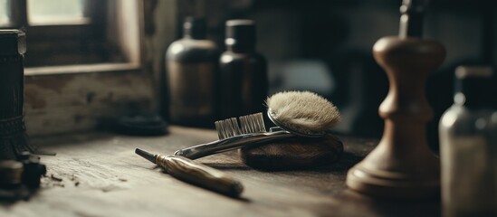 Vintage grooming tools on wooden table.
