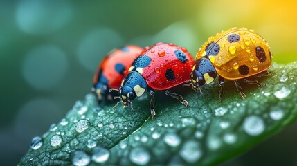 Fototapeta premium Three colorful ladybugs on a dewy green leaf, showcasing nature's beauty.