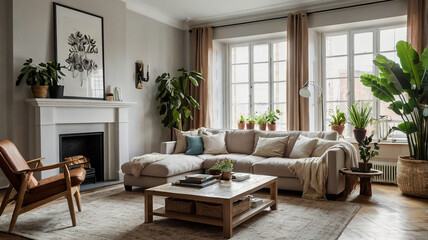 Bright Living Room with Grey Sofa, Houseplants, and Cozy Atmosphere