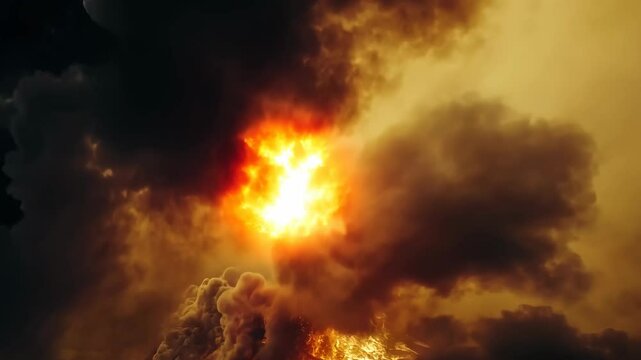 Eruption of a volcano creates stunning display of fire and smoke in the sky during twilight hours
