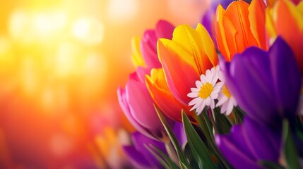 Fototapeta premium A vibrant bouquet of tulips with daisies against a warm, glowing background.
