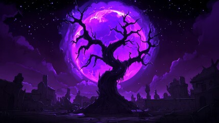 Silhouetted tree before a large, purple, nocturnal moon in a graveyard setting