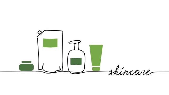 Skincare cosmetics animated illustration. One continuous self drawing line animation, footage with bottles, doypack and lettering skincare