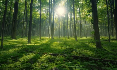 Fototapeta premium 森林晨曦阳光树木自然风光树林背景