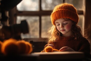 A child knitting a small project for the first time, with vibrant yarn, focused expression, gentle guidance, and an inspiring environment