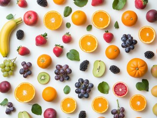 Vibrant arrangement of fresh fruits on a clean white background