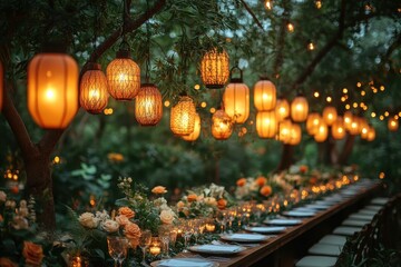 Fototapeta premium Elegant outdoor dinner setting with lanterns and flowers in a lush garden at twilight