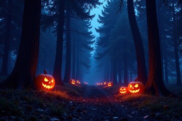 Spooky forest at dusk with tall trees and glowing jack-o-lanterns, eerie, forest, night