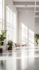 A clean, bright showroom with wide walls, polished floors, and large windows, creating an ideal setting for product displays and adding text