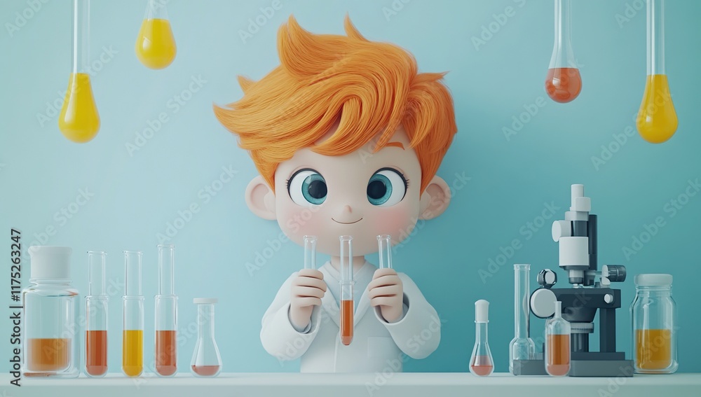Poster adorable little scientist in lab: 3d render of a curious child exploring science