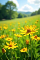 Fototapeta premium Sunny meadow landscape with bright yellow rudbeckia flowers swaying in the breeze, summer blooms, wildflowers