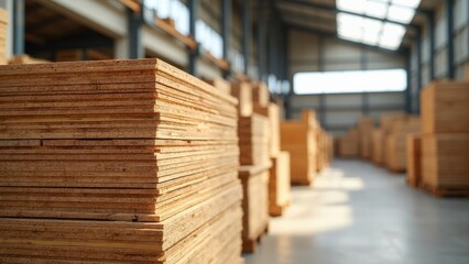 Fototapeta premium Stacks of wooden planks in a warehouse with natural lighting