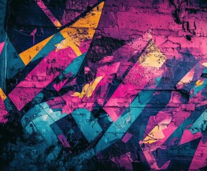 Fototapeta premium Colorful urban mural featuring abstract geometric shapes on brick wall