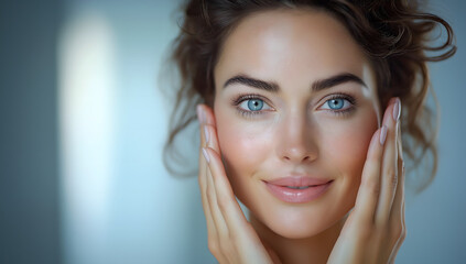Naklejka premium Radiant white woman smiles, highlighting her soft, flawless skin. A celebration of beauty, wellness, and confidence. Natural cosmetics. Simple background portrait.