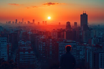Sunset view over a city skyline with a silhouette of a person enjoying the vibrant colors