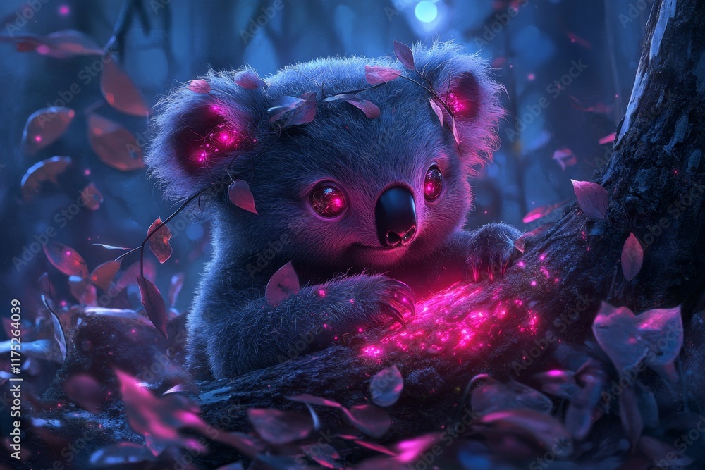 Aufkleber a cyberpunk-inspired koala with neon highlights and a glowing tree, set in a futuristic jungle with 
