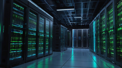 Futuristic Data Center Server Room: High-Tech Atmosphere with Digital Green and Blue Glow