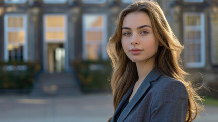 Fototapeta premium Beautiful young woman confidently posing in front of an elegant historical building