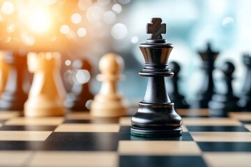 A dramatic chess scene with a knight piece in the foreground, illuminated by a spotlight against a shadowy background