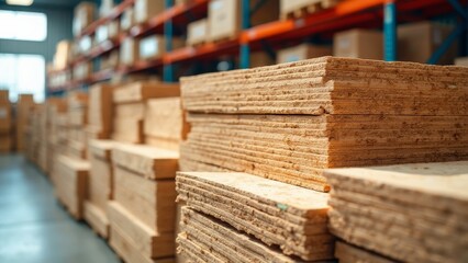 Stacked plywood boards in a warehouse storage area