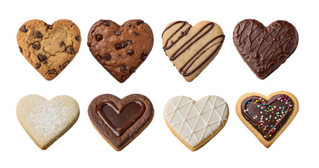 Set of heart love shaped cookies with sprinkles and icing designs, white transparent PNG. Assorted biscuit mockup templates for creative artwork design. Perfect for bakery bran cookie