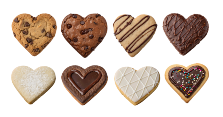 Set of heart love shaped cookies with sprinkles and icing designs, white transparent PNG. Assorted biscuit mockup templates for creative artwork design. Perfect for bakery bran cookie