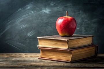 Stack of Books with Apple on Chalkboard Background - Cozy Reading Corner Stock Photo