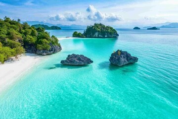Fototapeta premium A drone view of Krabi turquoise waters dotted with small islands, surrounded by vibrant coral reefs