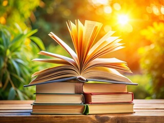 Stack of Books with Open Book on Top - Education, Learning, Reading Concept
