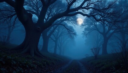 Twilight forest with gnarled tree branches and misty atmosphere, ancient, shadows, twilight