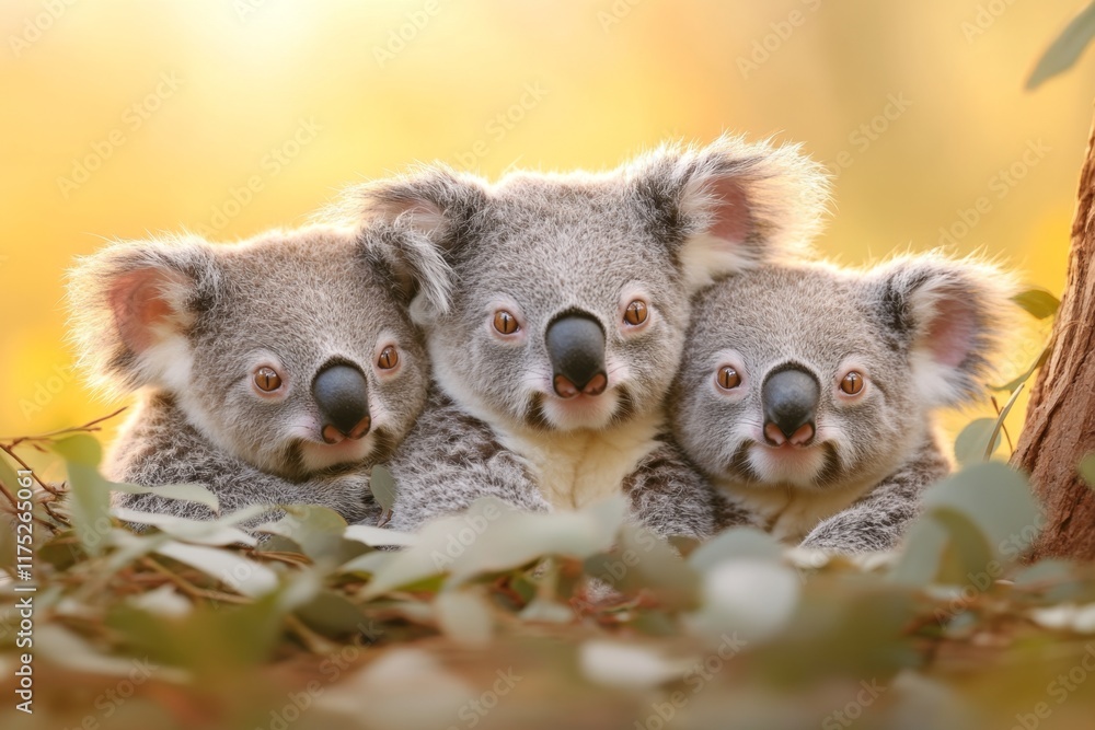 Poster a family of koalas nestled together on a large tree, with soft light filtering through the surroundi