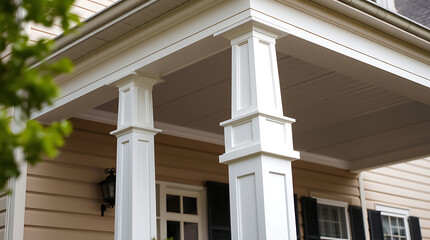 Fototapeta premium House Porch with Square Columns and Beige Siding