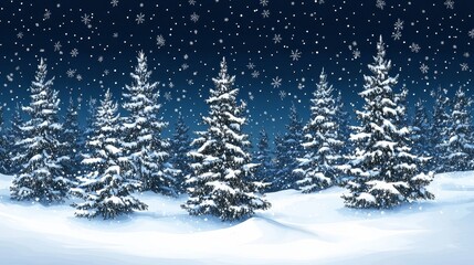 Snow-covered evergreen trees in a winter forest at night under a snowfall