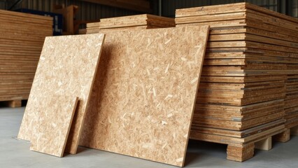Stack of oriented strand board sheets on pallets in factory storage area, engineered wood panels for construction and furniture manufacturing stored in industrial warehouse interior