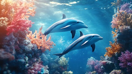 Fototapeta premium Oceanic Symphony: Two Dolphins Gracefully Glide Through Vibrant Coral Reef