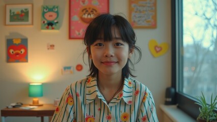 Smiling child in cozy bedroom with colorful wall art and warm evening light, young girl in striped floral shirt looking at camera, playful home lifestyle background