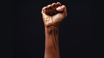 Close up of a raised fist symbolizing strength and unity against a black background