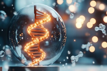 Obraz premium A DNA strand inside a water droplet, reflecting light and surrounded by floating molecular structures