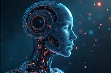 Futuristic female cyborg in side profile with exposed circuitry and glowing connections, metallic human robot hybrid head symbolizing advanced artificial intelligence and high tech innovation 