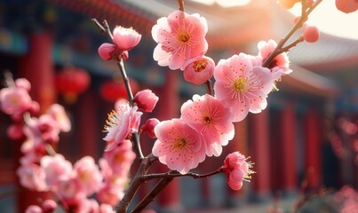 宫廷梅花盛开初春花朵清新淡雅背景