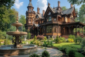 Fototapeta premium A Victorian mansion with tall spires, intricate wood carvings, and a picturesque garden fountain