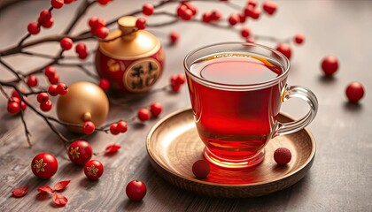 Festive teacup, red tea, ornaments, wooden background